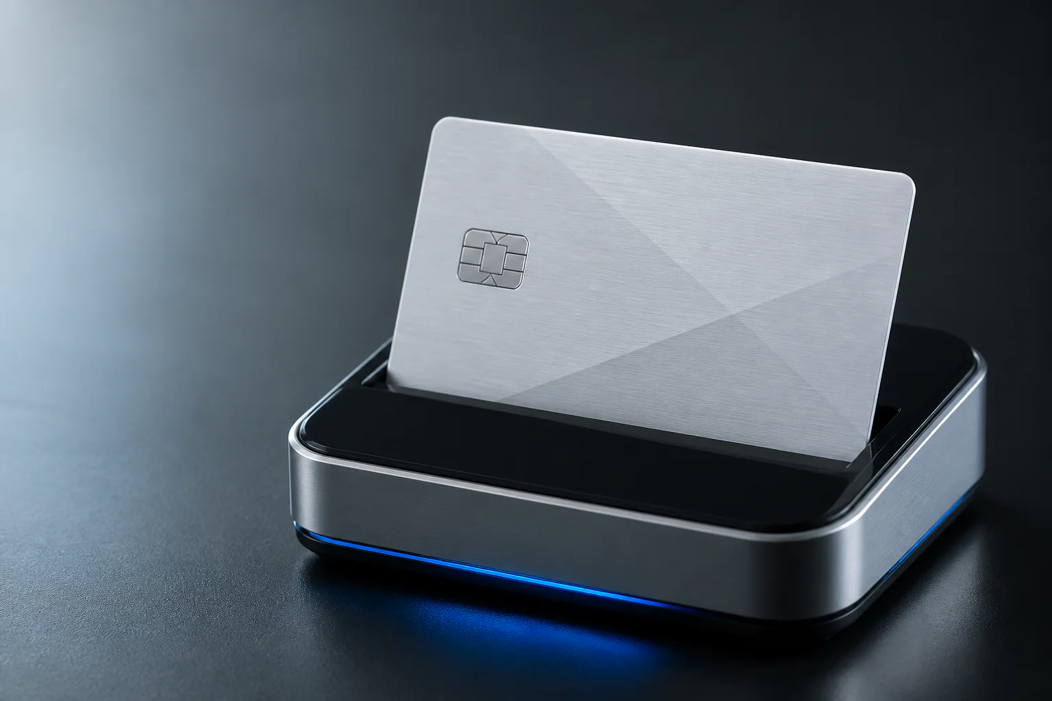 A private metal credential resting in a secure verification reader