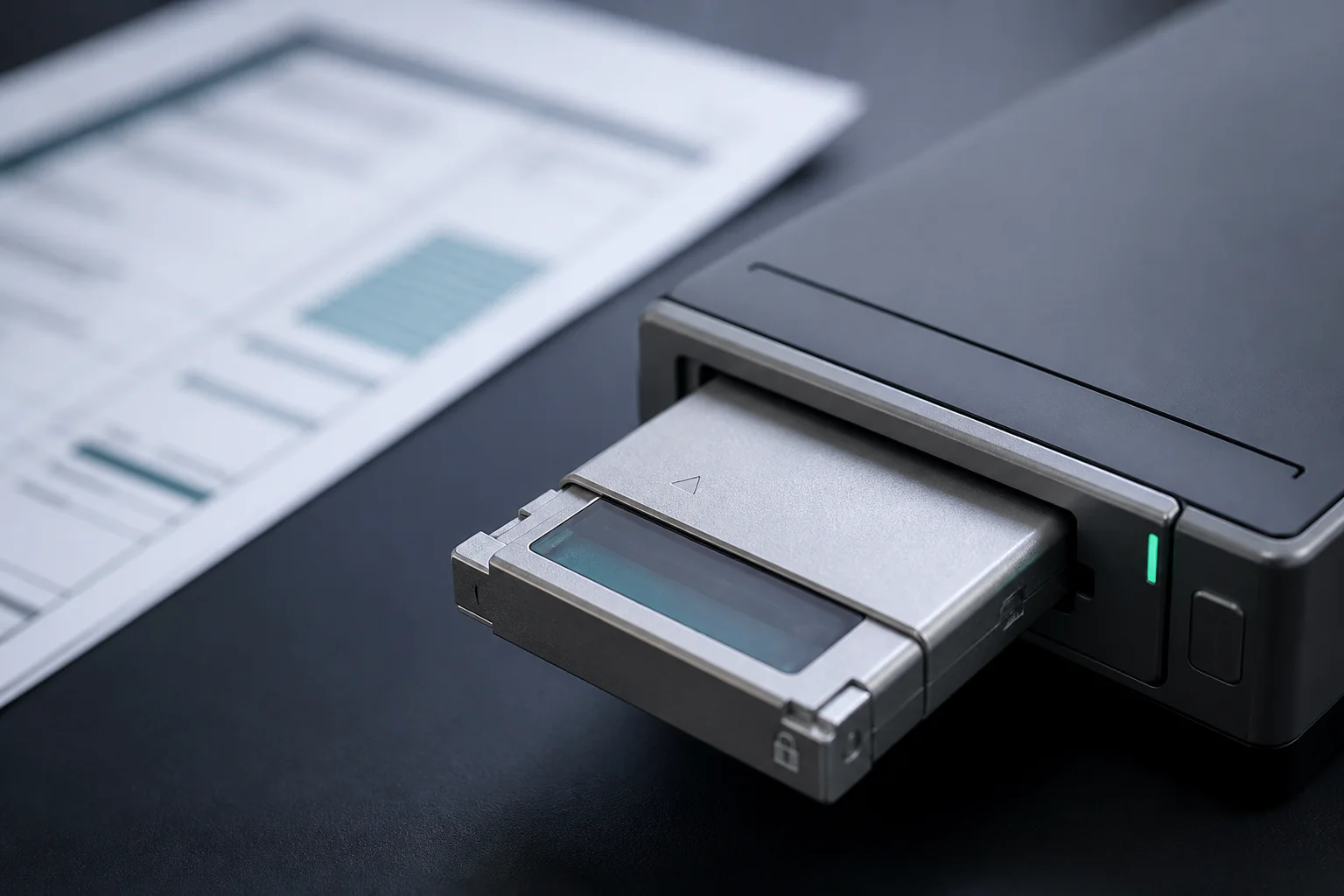 A financial message cartridge entering a precision validation reader