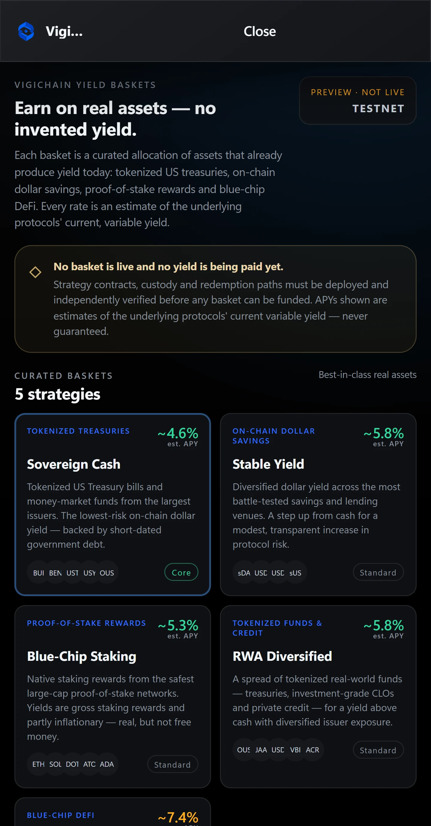VigiBank yield baskets — marked preview, not live, with estimated rates
