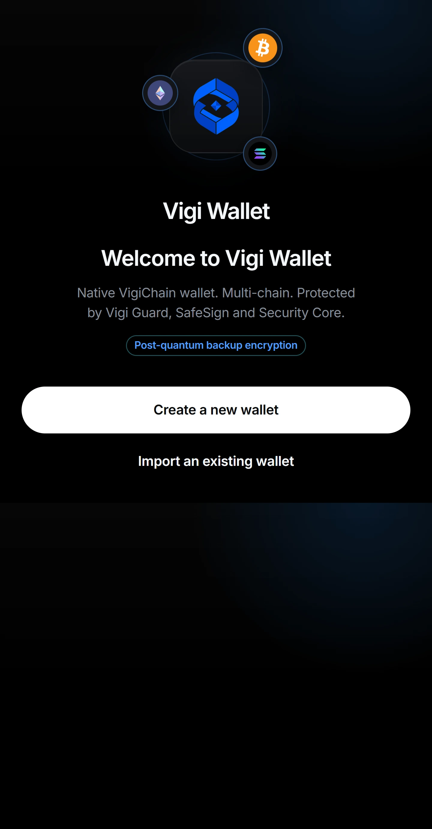 Vigi Wallet welcome screen with Create and Import options