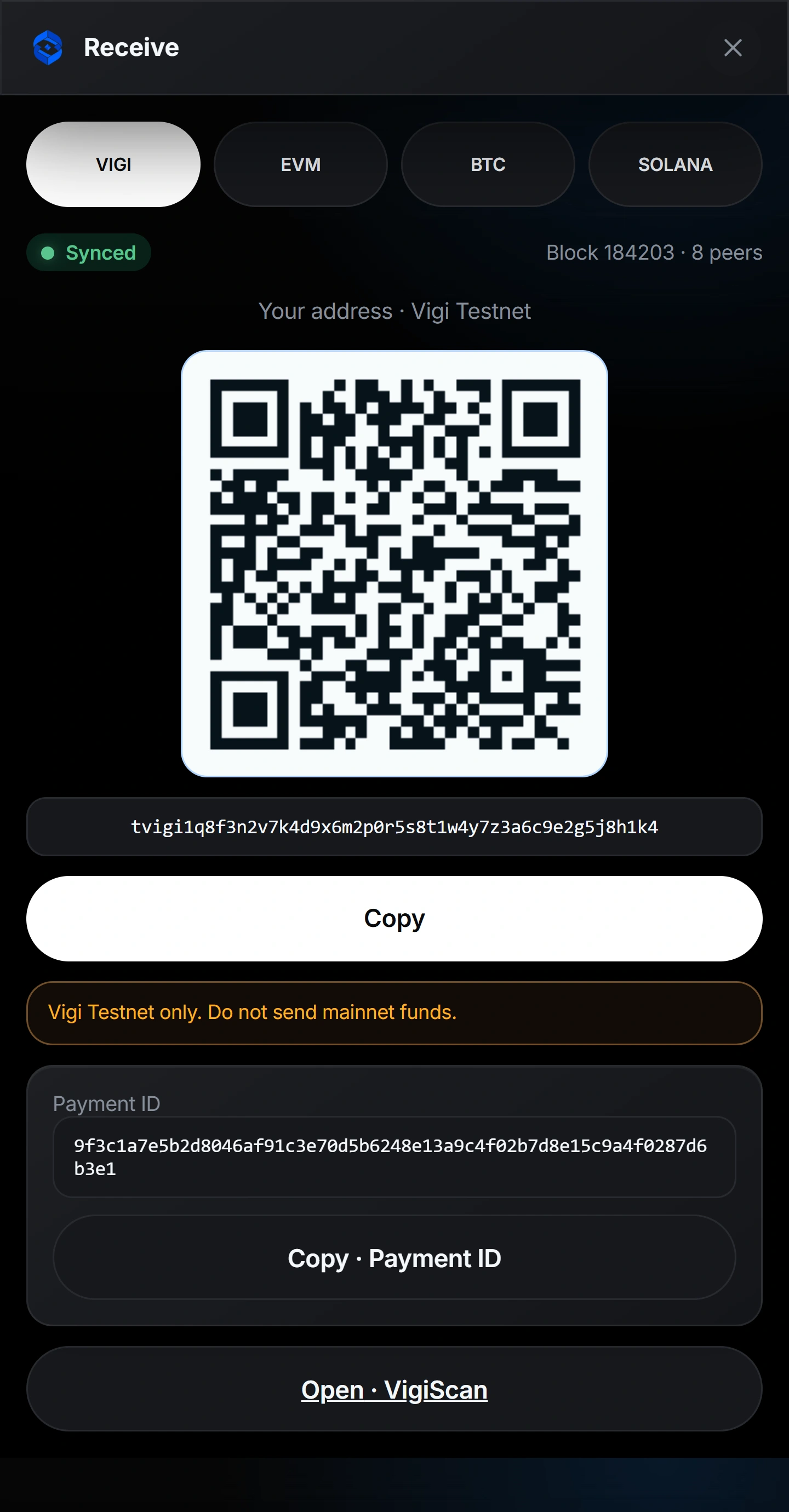 Vigi Wallet receive — address and QR