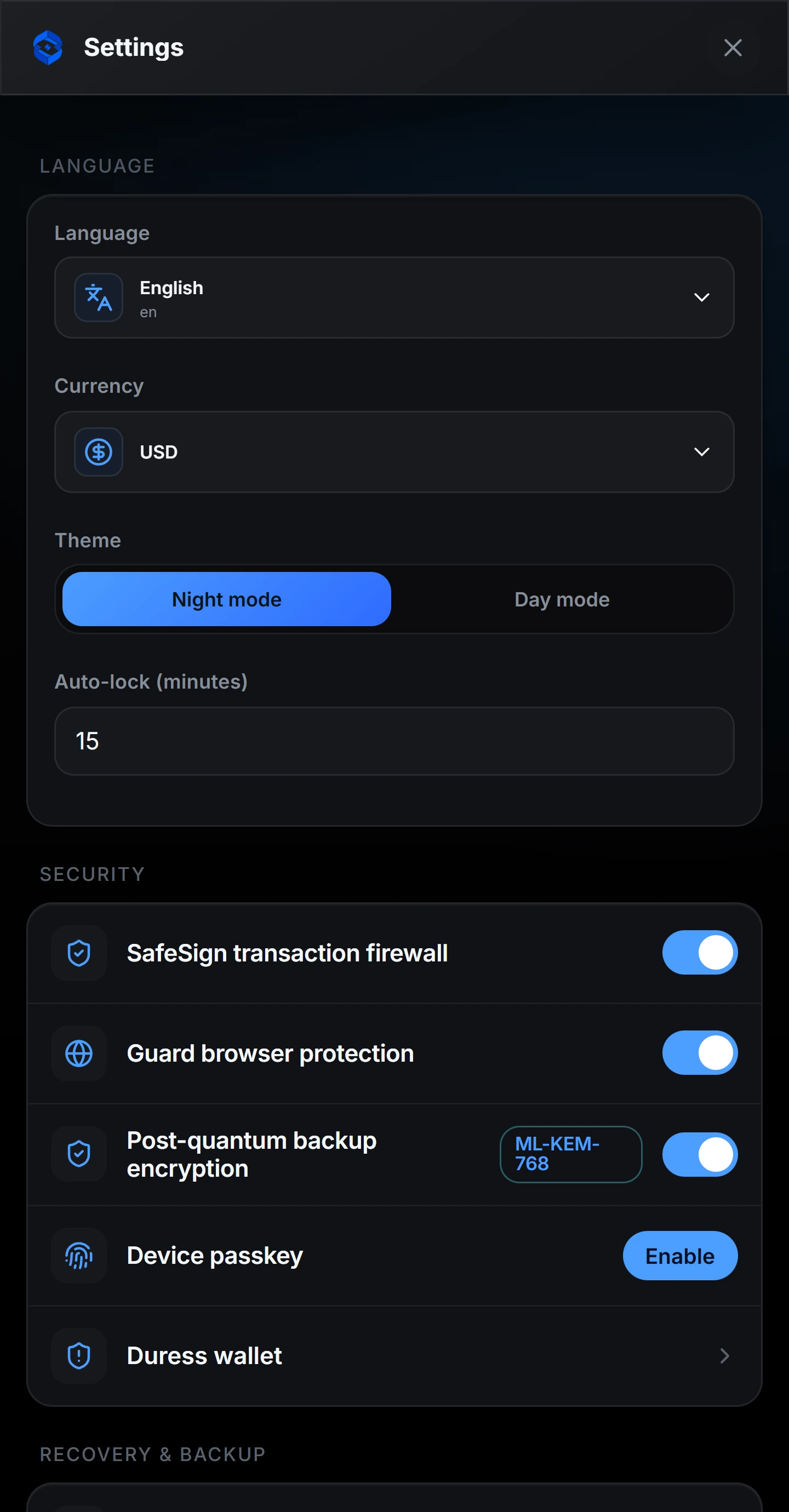 Vigi Wallet settings screen
