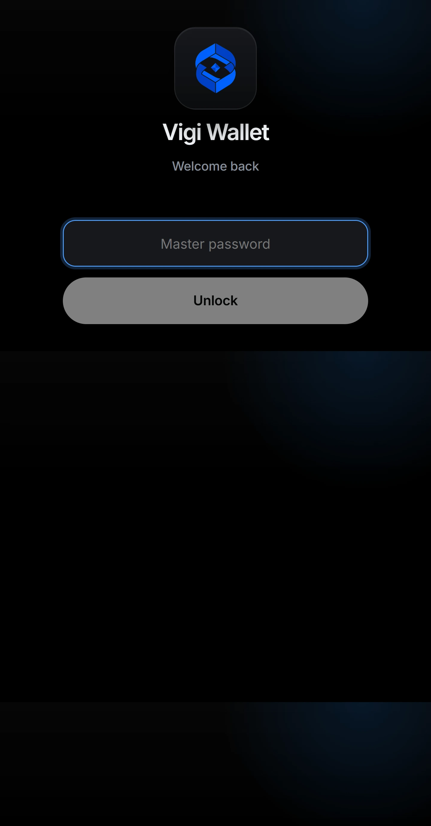 Vigi Wallet unlock screen with master password field