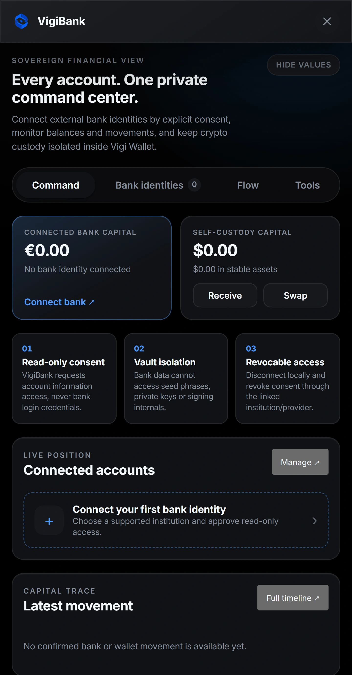 VigiBank — bank capital read beside crypto, read-only and revocable